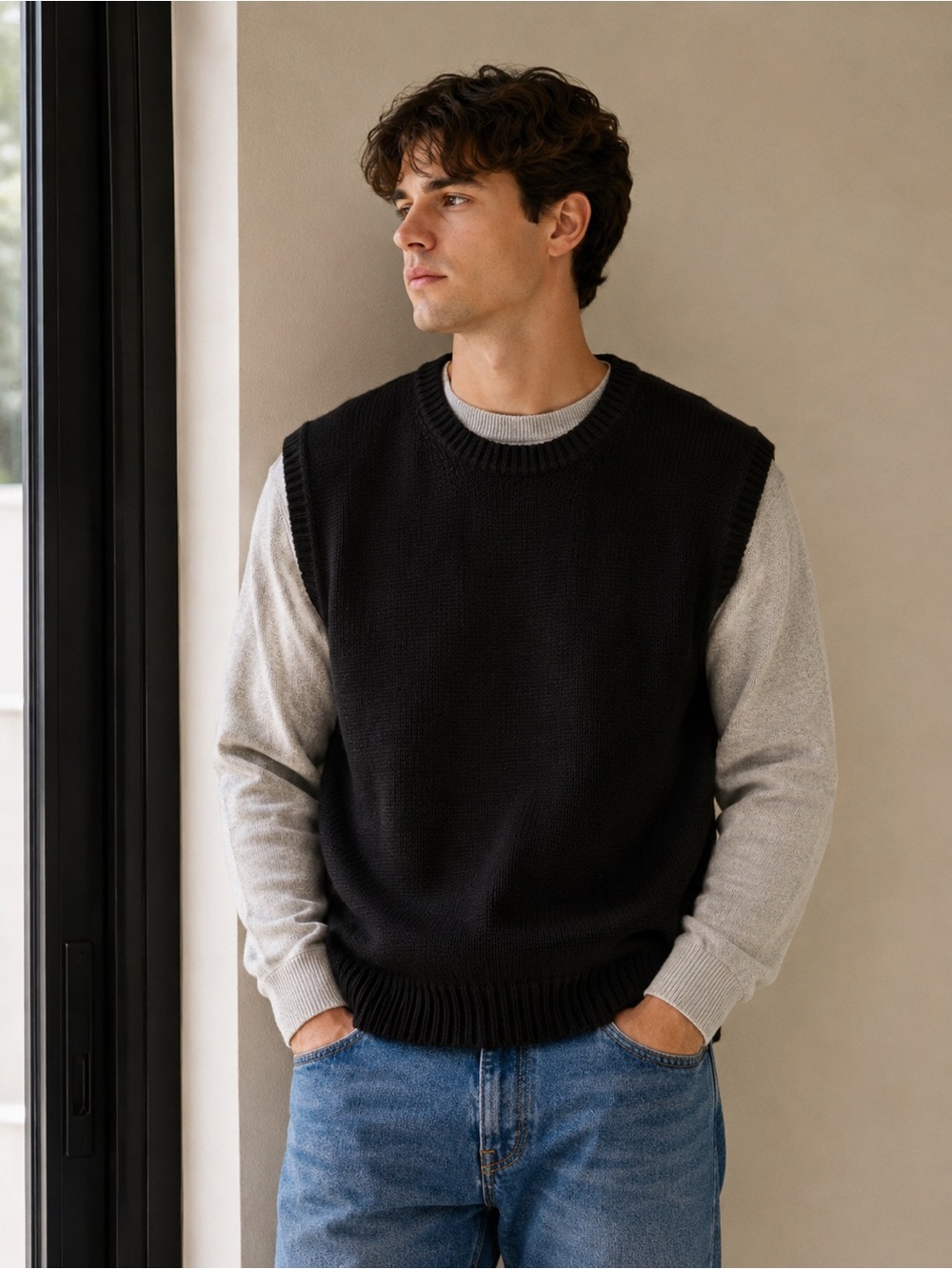 J.Crew 100% Cotton Cable Knit Sleeveless Sweater Vest Solid Black Mens L